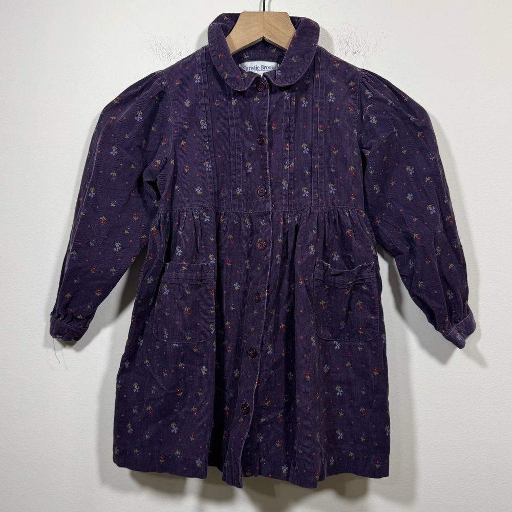 Vtg Christie Brooks Girls Purple Floral Corduroy Dress Size M (5-6) Cottagecore